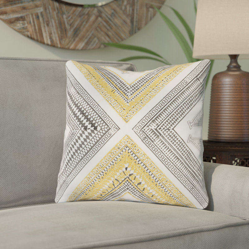 Coussin décoratif en coton, H 20 po x l 20 po, Jaune vif / brun foncé / blanc, Polyester