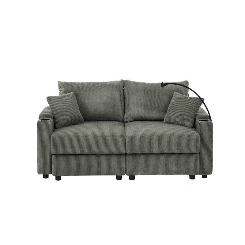 Canapé moderne avec causeuse avec rangement, canapé à assise profonde avec porte-gobelets et porte-téléphone, canapé en velours côtelé beige pour le salon
