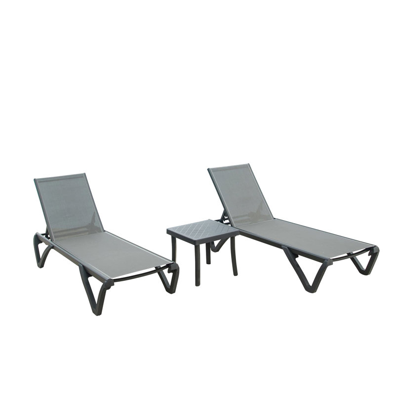 Chaise longue d'extérieur 3 - Chaises de bronzage en polypropylène aluminium gris avec 5 positions réglables et table d'appoint pour la cour, le balcon et la chaise