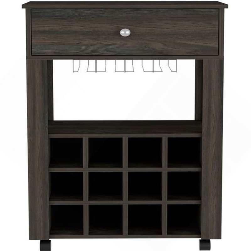 Bar Cart, Twelve Built-in Wine Rack, Four Legs, One Open Shelf, Brown