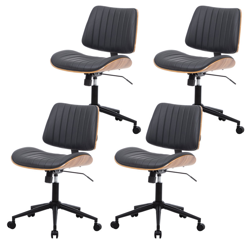 Armless Faux Leather Office Chair with Walnut Bentwood Back & Seat Base – Swivel, Recline & Height Adjustable, Black