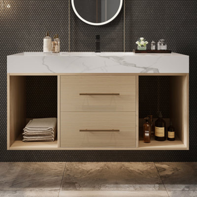 Meuble-lavabo flottant de 39,4 po, lavabo en céramique, 2 tiroirs à fermeture en douceur, comptoir en ardoise blanche, pierre frittée et bois massif multicouche, conception moderne avec accents dorés, robinet facile