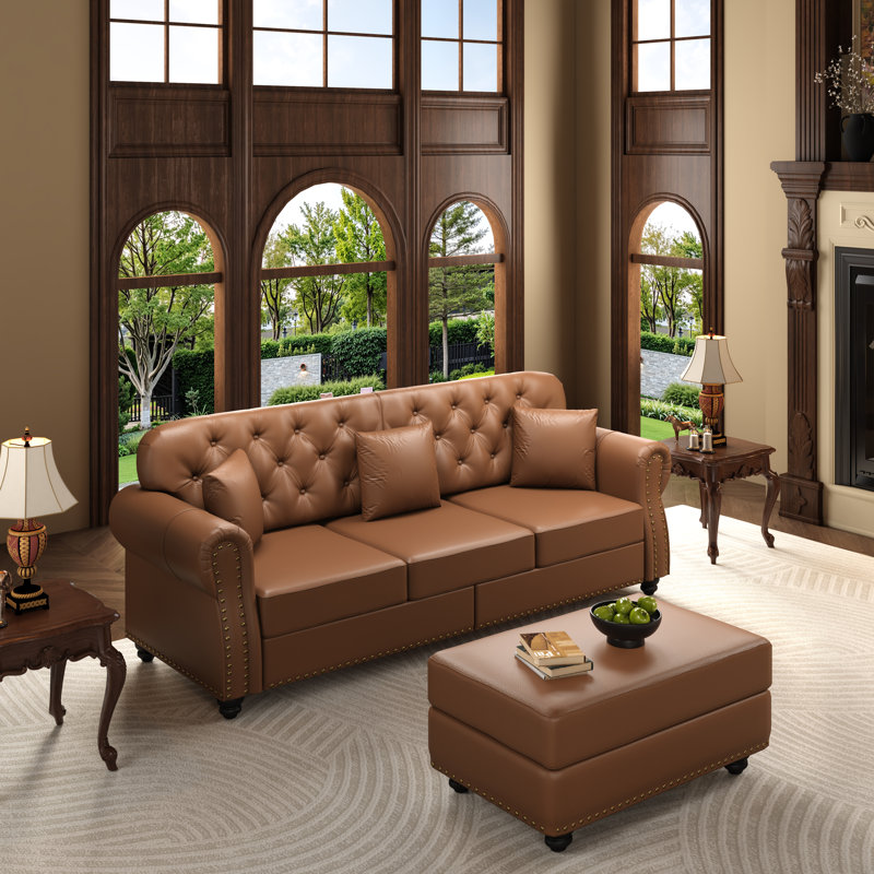 Canapé rembourré en similicuir Lethmoss Mid-Century, 82.6, 1 Ottoman+3 Sofa, Brown