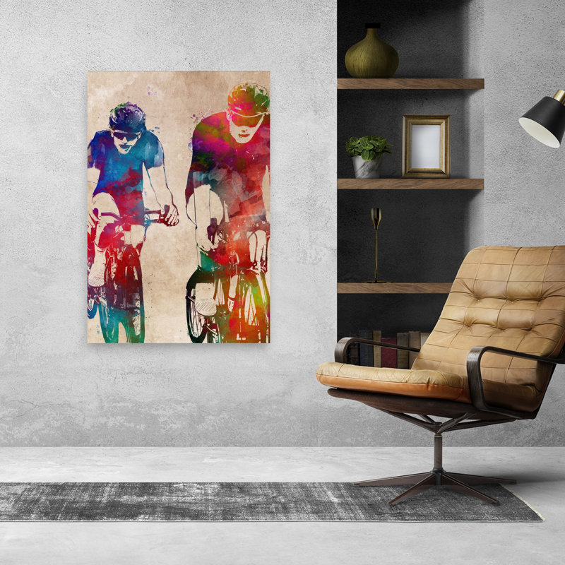 «Vibrant Cycling Duo», art mural contemporain, 48" H x 32" W