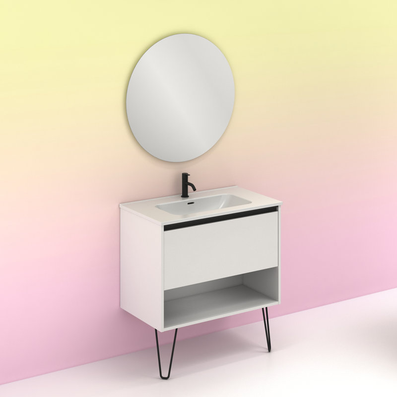 800mm Wall Hung Single Vanity Unit, White, Sanded Oak