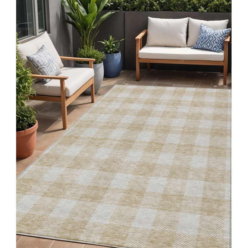 Tapis extérieur lavable à carreaux beige et gris 5 pi x 8 pi