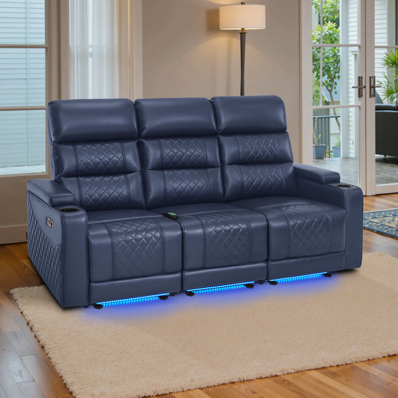 76.7" Wide 3 Seats Power Reclining Sofa, Home Theater Seating with Adjustable Headrest & Armrest Storage, Navy
