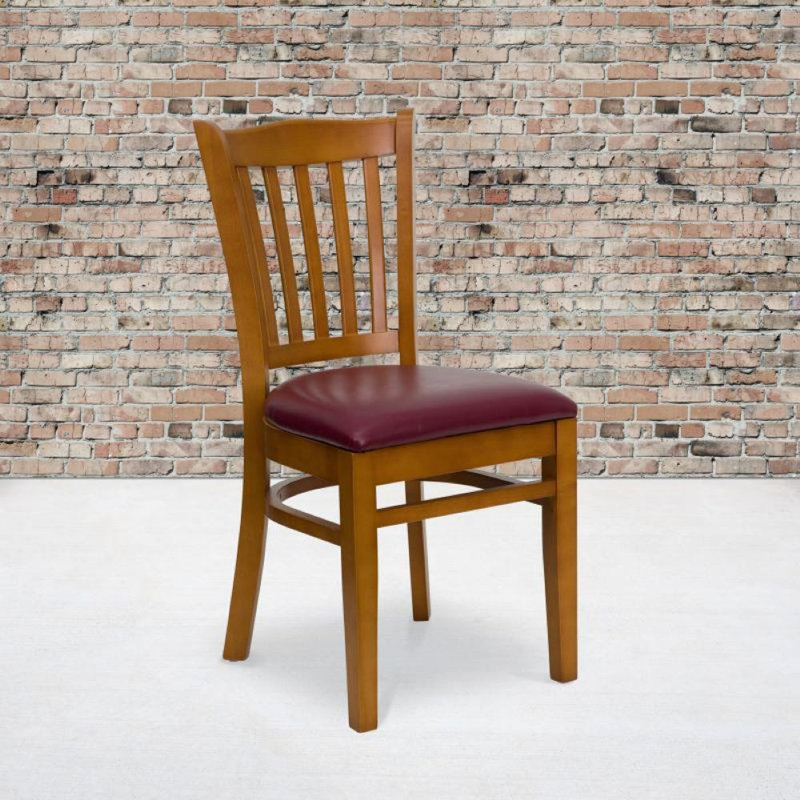 Orlison Vertical Slat Back Wooden Restaurant Chair, Cherry, Burgundy Vinyl