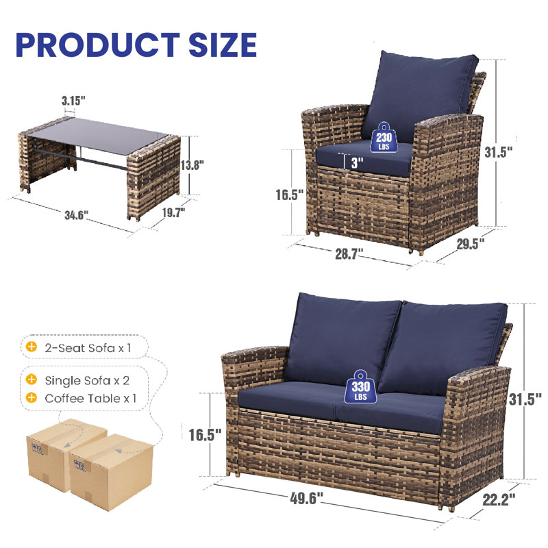 4  Person Patio Conversation Set With Cushions, Navy