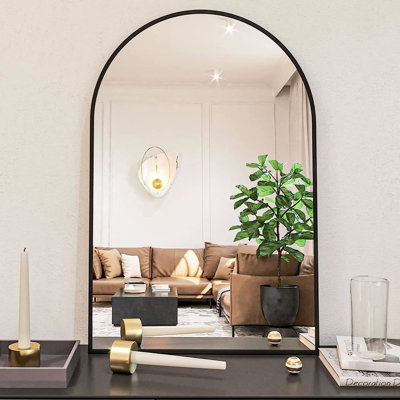 Miroir mural arqué 24 x 36 pouces noir pour décoration de salle de bain - verre transparent de 4 mm, cadre en aluminium rouillé, installation renforcée et suspension avec quincaillerie manuelle