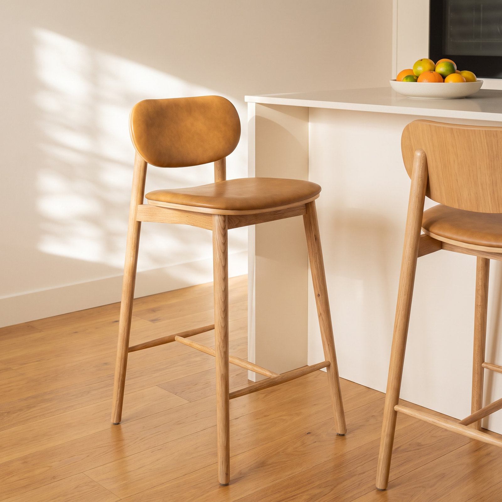 26" Genuine Leather Bar Stool, Tan Leather//Oak Frame
