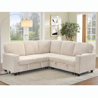 Convertible Design L-Shaped Sectional Sofa Bed with Pull-Out Bed & Storage, 5-Seat Sleeper Couch with USB Charging
