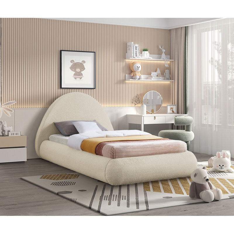 Rudy Upholstered Bed, Beige Faux Shearling Teddy Fabric, Twin