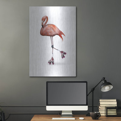  «Flamingo Roller Skating» par John Hovenstine, art mural en métal, 24 po x 36 po