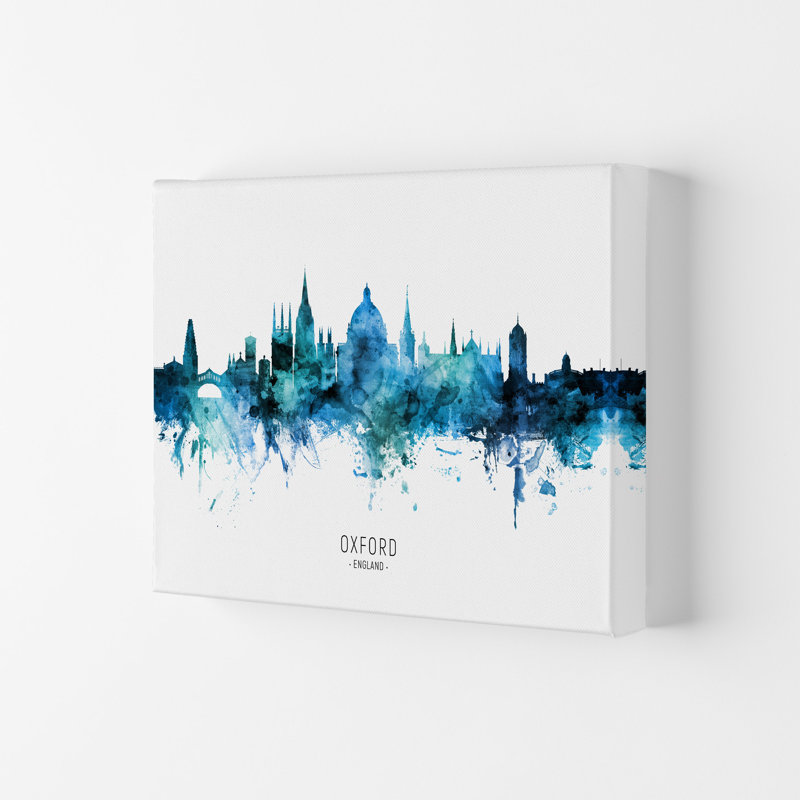 Oxford England Skyline Blue City Name by Michael Tompsett - Print, 59.4cm H x 84cm W x 4cm D, Wrapped Canvas