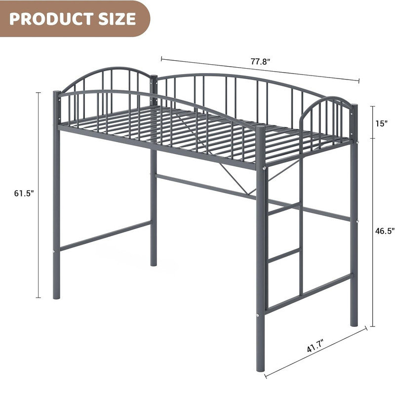 Loft Bed Twin Size with Ladde and Arched Guardrail, Heavy Duty Metal Loft Bed Frame for Kids and Adults, Sturdy Steel Slats Support, Small Space Saving Design, No Box Spring Needed