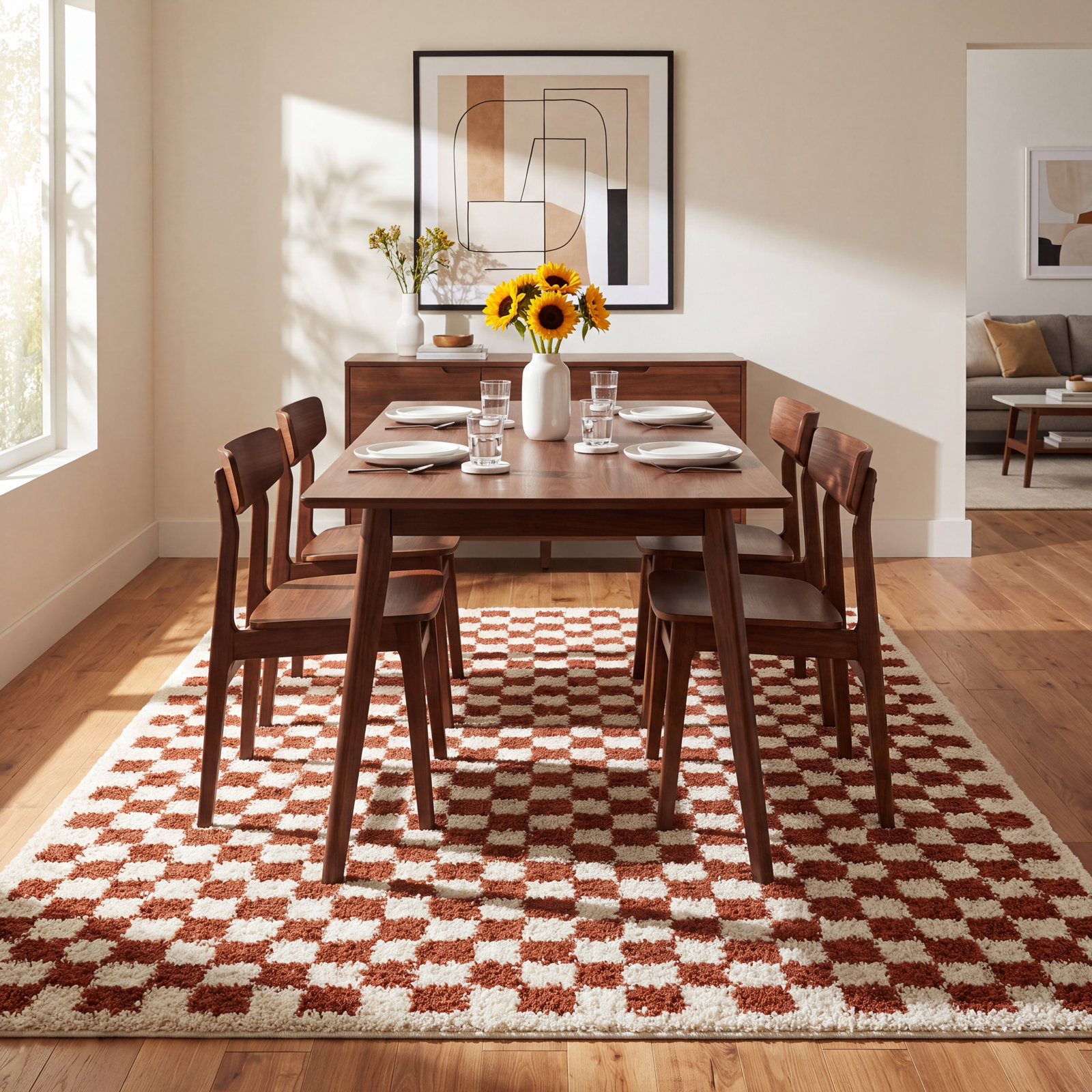 Walker Burnt Orange Cream Checkered Shag Rug, Rectangle 6'7" x 9'