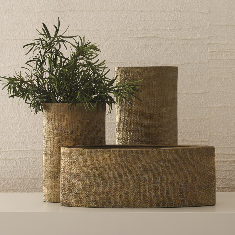 Hemp Etched Gold Metal Table Vase, 18" H x 9" W x 4" D