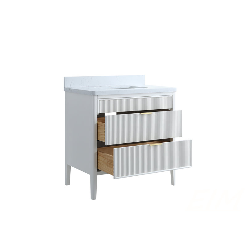 Ensemble de meuble-lavabo autoportant blanc entièrement assemblé de 36 po avec 2 poignées et plateau en marbre