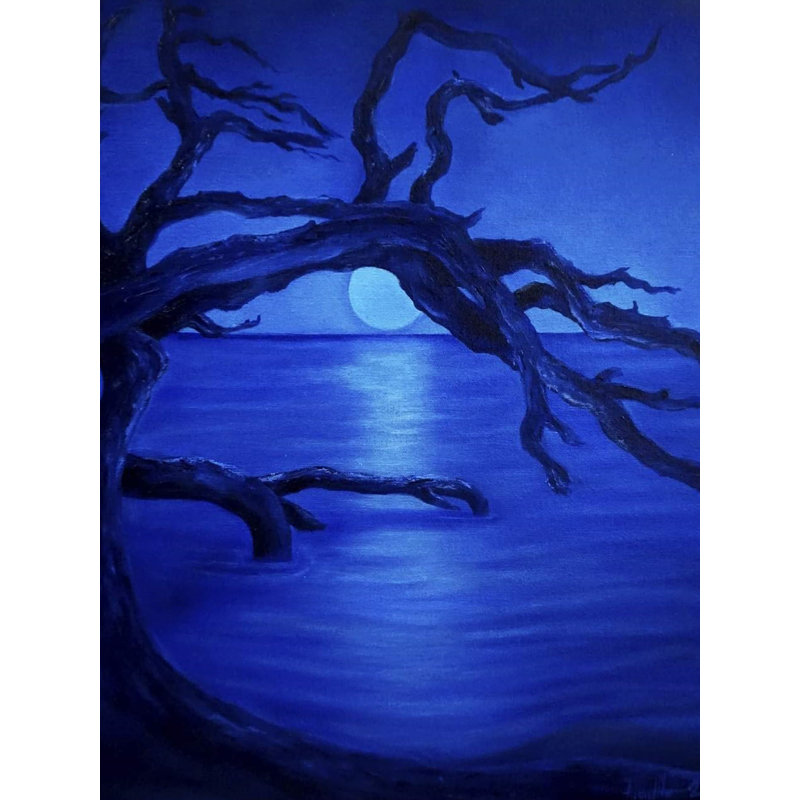 Une nuit au clair de lune - Lune bleue | Huile sur toile | Par Anindita Dey
