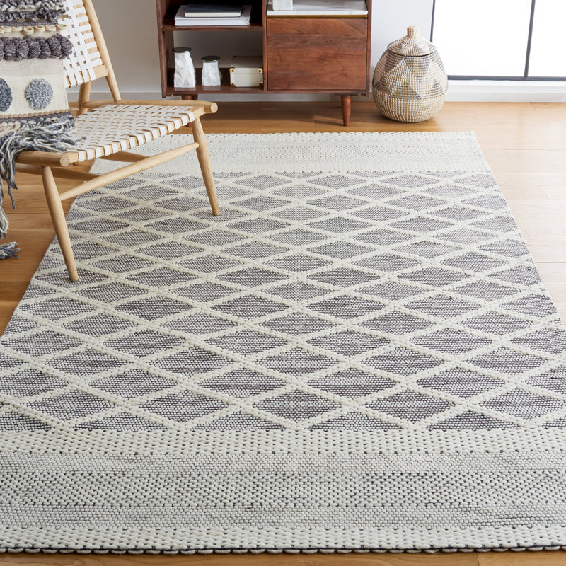 Allyx Hand Woven Wool/Cotton Geometric Rug in Ivory/Black, Rectangle 3' x 5'