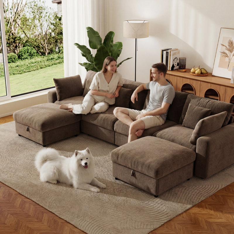 141'' Modern Chenille U-Shaped Modual Sectional Sofa with 2 Storage Ottomans, Brown Chenille