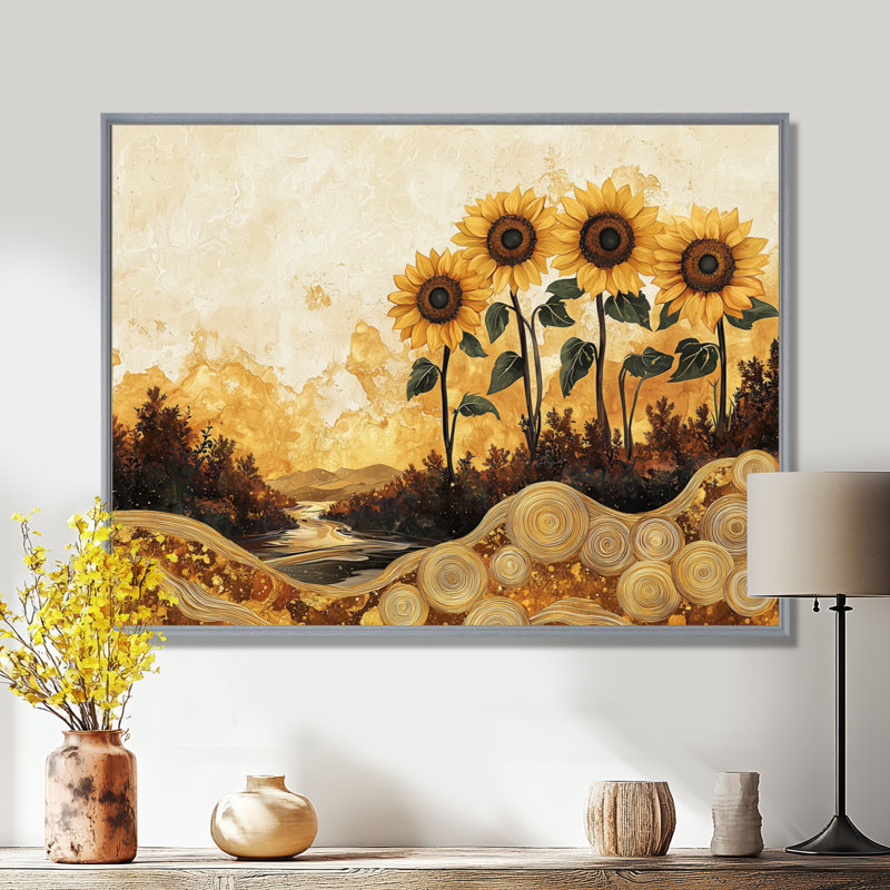 Dorisa, tournesols, paysage sur un sommet d'une rivière en bois III - tournesols, art mural, H 34 po x l 44 po, Argent argent