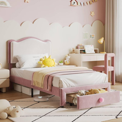Toddler Size Upholstered Kids Platform Bed Frame With Headboard And Storage Drawer Noise Free Strong Wood Slats Easy Assembly No Box Spring Needed For Children Bedroom