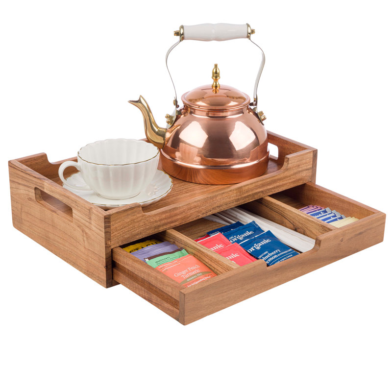 Organisateur de sachets de thé avec tiroir, plateau de service de 40 x 25 x 11 cm, en bois d'acacia, pour le thé et les dosettes de café. Plateau de service en bois avec rebord surélevé, poignées et tiroir.