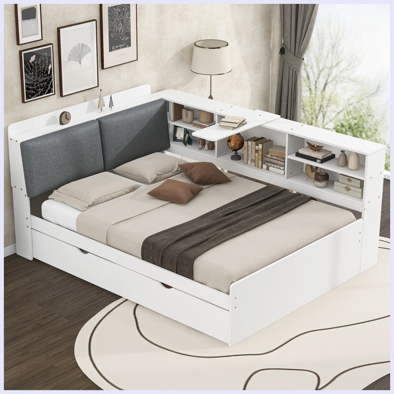 Lit plateforme en bois avec lit gigogne, tablettes et tête de lit, Blanc