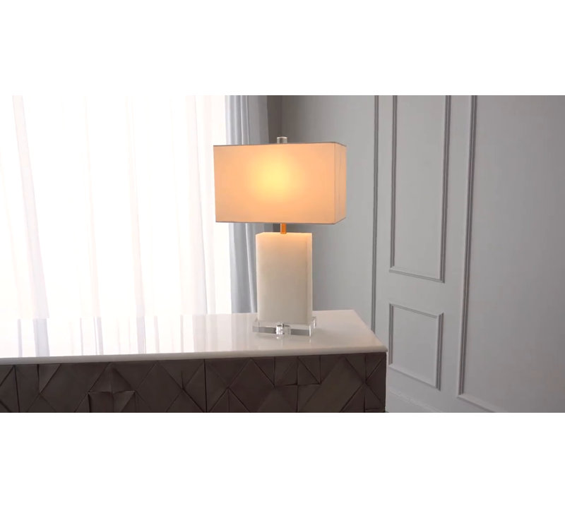 Alabaster Cube Table Lamp with Linen Shade and Brass Details