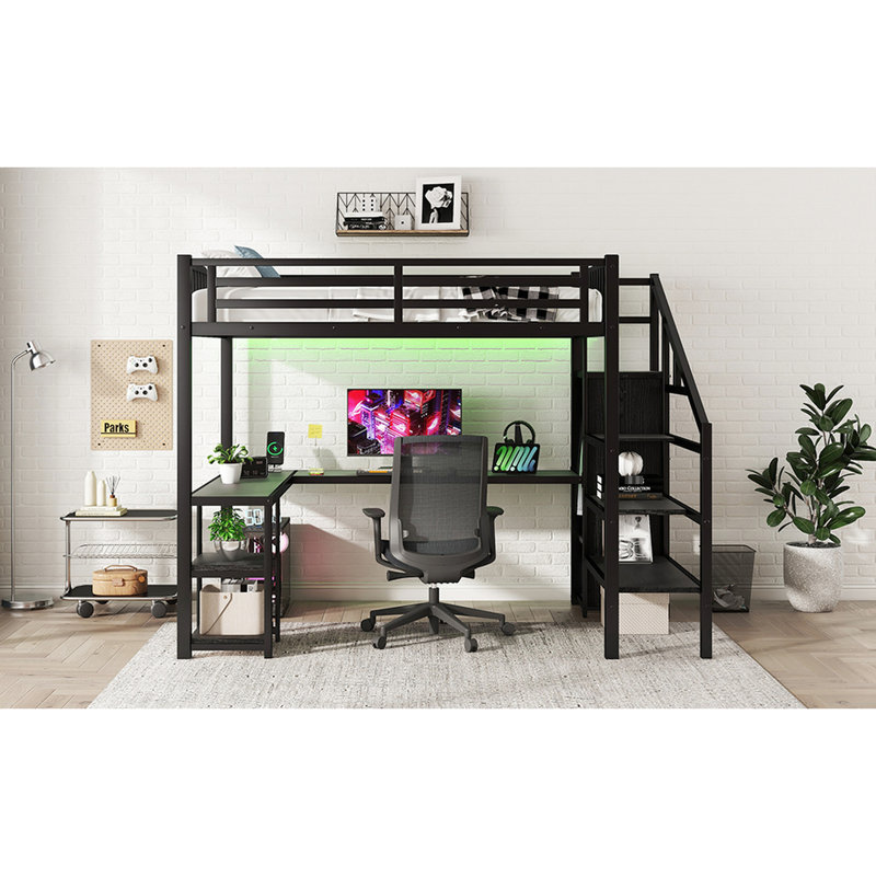 Metal Full Size Loft Bed With Wardrobe, Desk, Port And Adjustable Brightness Led - Black For A Intriguing Bedroom