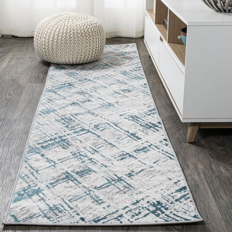 Reider Modern Abstract Gray/Turquoise Rug, Runner 2' x 8'