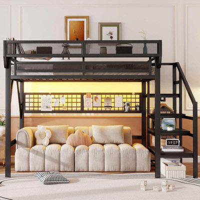 Metal Loft Bed with Upper Storage Shelf, Reversible Storage Staircase, RGB LED Light & Charging Station
