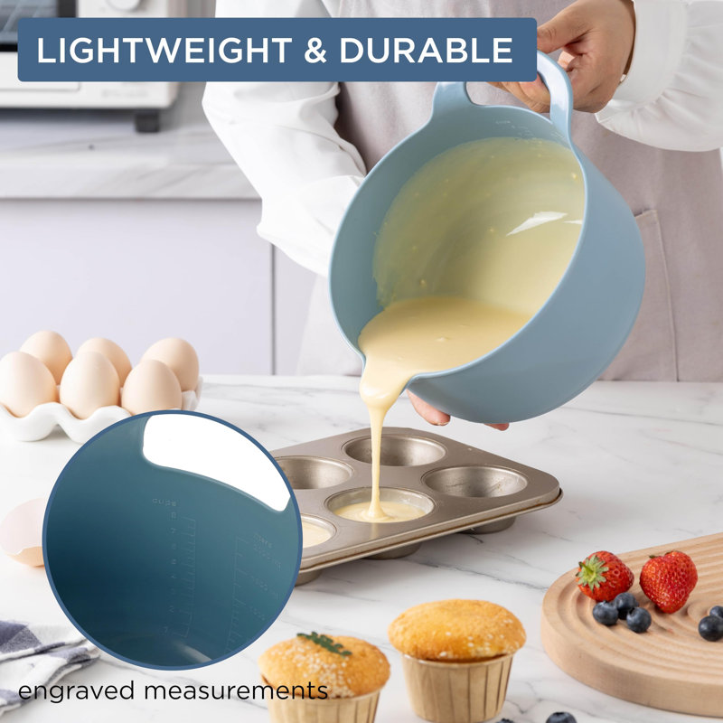 4-Piece Non-Slip Nesting Plastic Mixing Bowl Set with Pour Spouts and Handles, Ombre Blue
