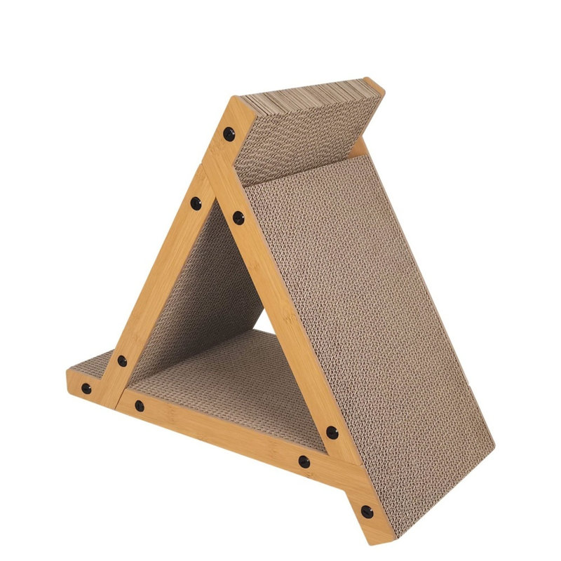 Lokey en bois naturel avec surface en carton ondulé, planche à griffer triangulaire pliable pour chats d'intérieur