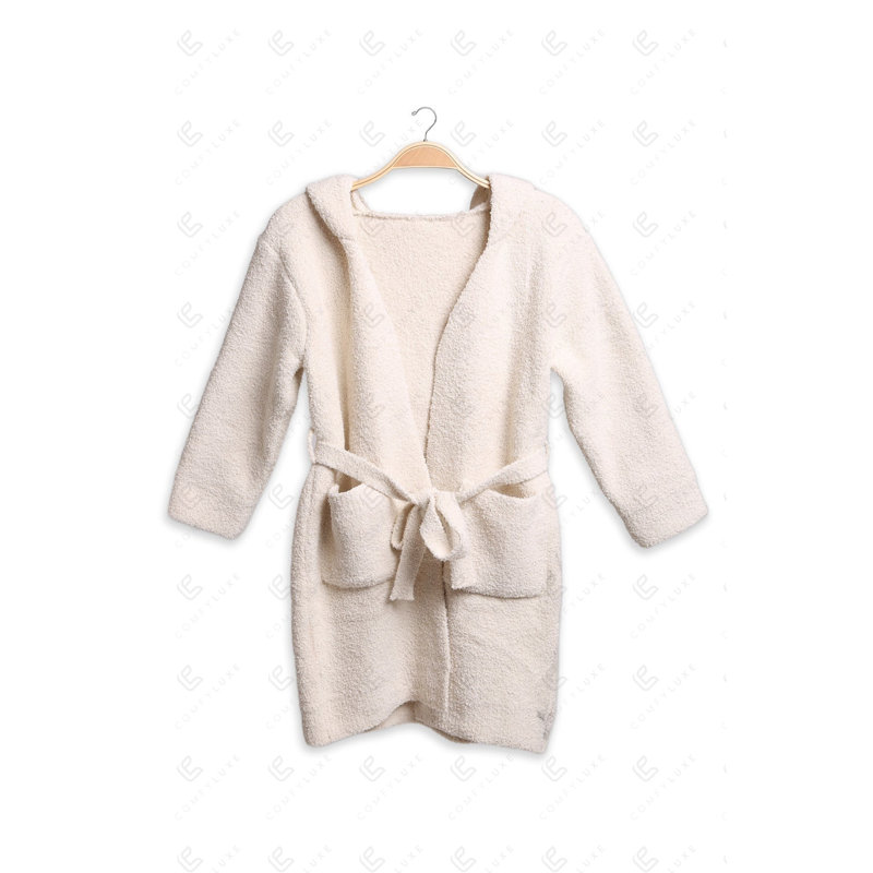 Robe de chambre d'enfant de couleur unie à capuchon souple de luxe avec poches avant - ivoire, Ivoire ivoire