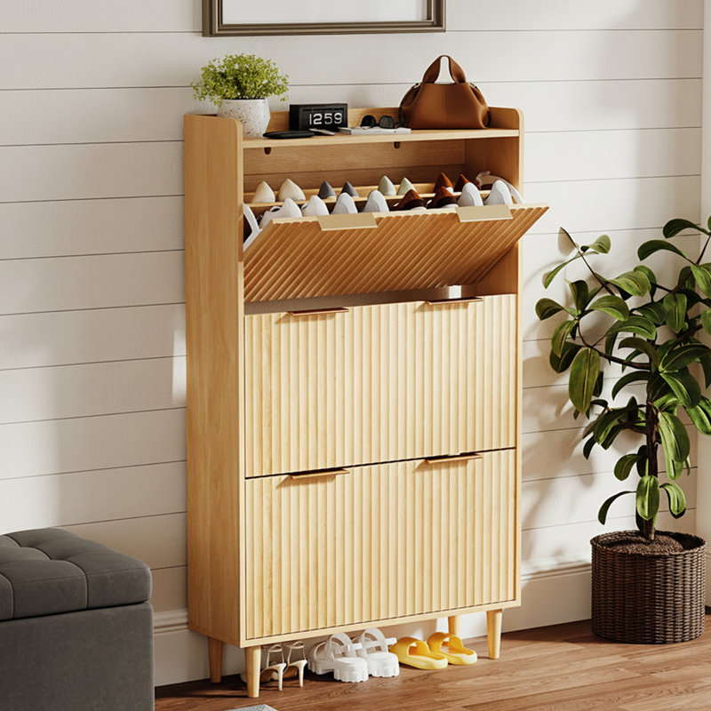 31.6 Inch 3 Flip Drawer Shoe Cabinet With Grid Panel, Oak
