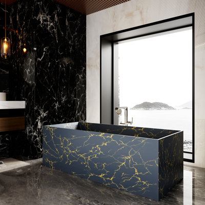 CASAINC 67"x 28" Rectangle Freestanding Solid Surface Soaking Bathtub with Marble Look