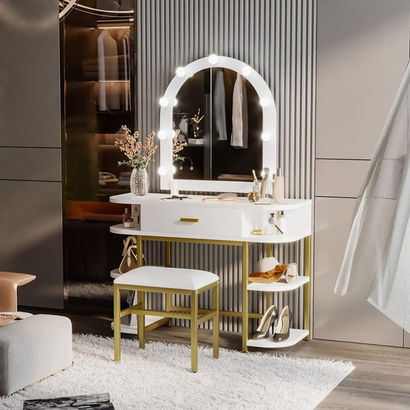 Ensemble de coiffeuse blanche avec pieds en métal et miroir