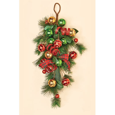 24" Artificial Pine Christmas Teardrop with Balls & Plaid Bow