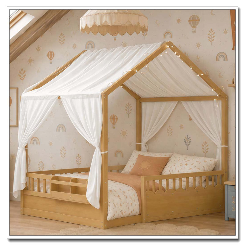 Lit pour enfants Montessori, structure de lit à baldaquin en bois avec barrières de sécurité et porte, guirlande lumineuse et bibliothèque intégrées, lit à profil bas, aucun sommier nécessaire