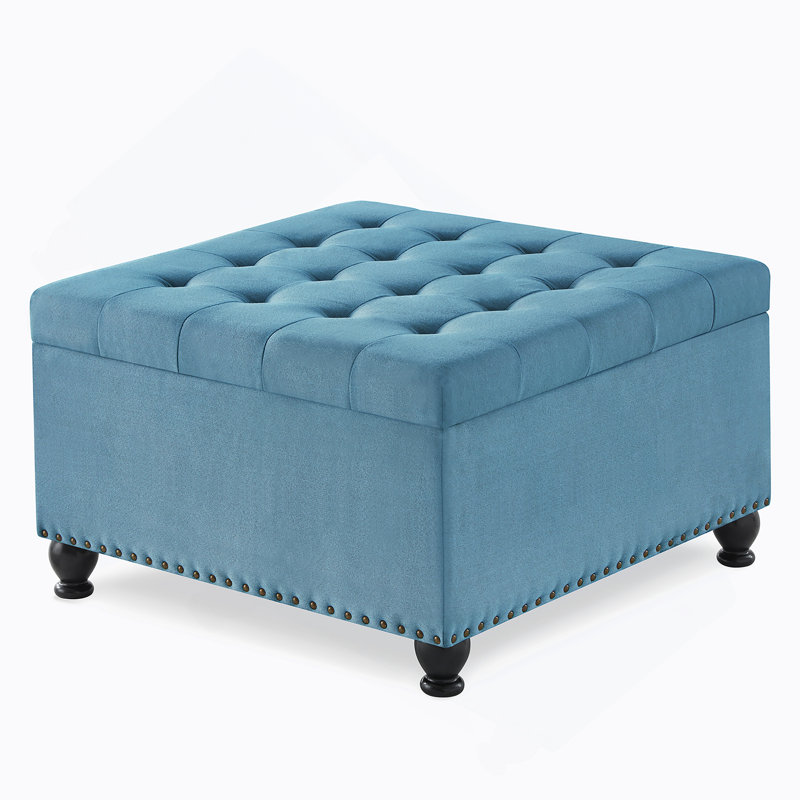 Square Tufted Upholstered Linen Ottoman
