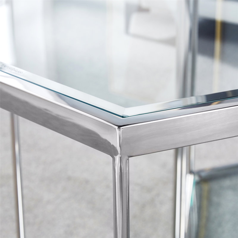 Glass End Table, Indoor Table, Nightstand, Bedside Table With Stainless Steel Frame, Silver
