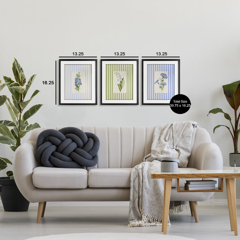 Ensemble de 3 impressions encadrées sous verre Soft Stripe Cottage Blooms, design par Lisa Wehmeyer, H 16 po x l 13 po