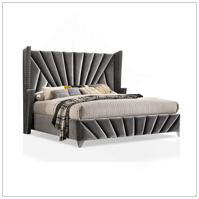 Bedroom Wingback Headboard 1Pc California King Size Bed Furniture Gray Fabric Upholstered Unique Bed