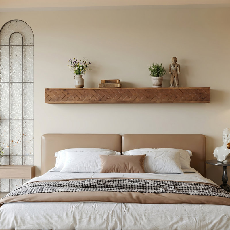 70.9" Long Floating Shelve for Wall, Solid Wood Wall Shelf with Hand-Carved Herringbone Design
