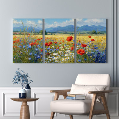 Coquelicot et champ de fleurs sauvages, impression de peinture à l'huile sur toile tendue, ensemble de 3 décorations pour salon chambre à coucher