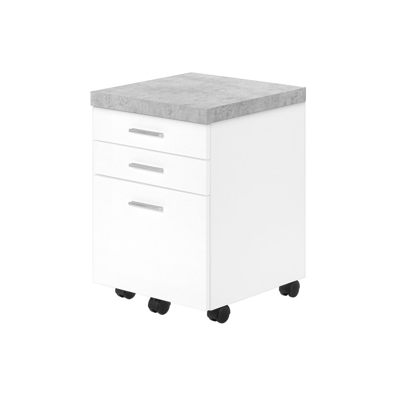Classeur, mobile à roulettes, tiroirs de rangement, support pour imprimante, bureau, travail, stratifié de ciment blanc et gris, contemporain, moderne