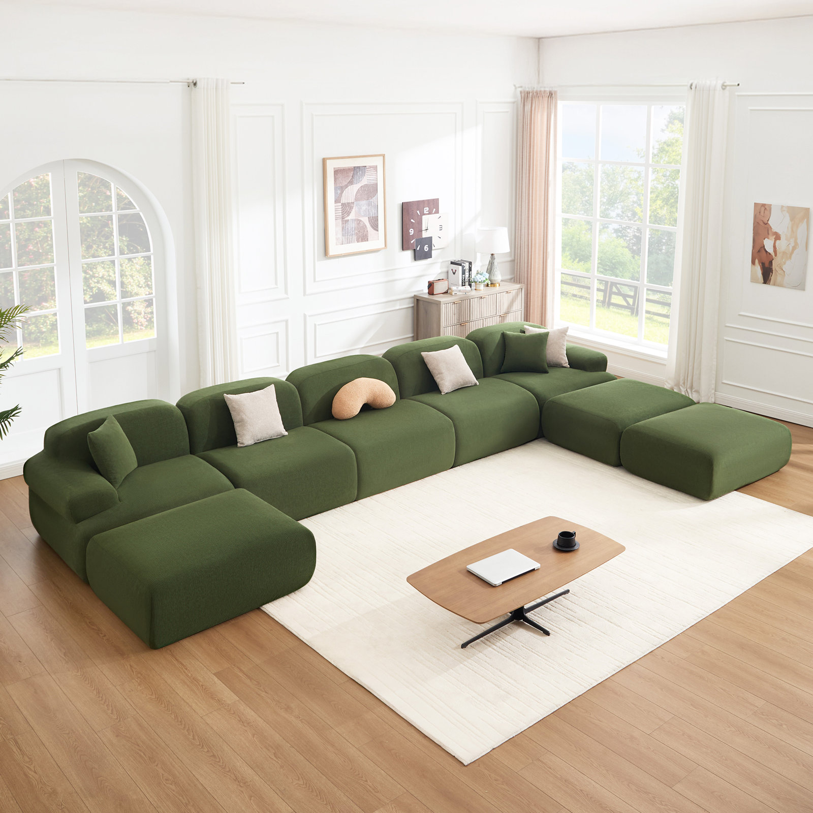 188" U Shaped Sectional Oversized Modular Sofa Chenille Corduroy Compression Sofa, Green Polyester Blend